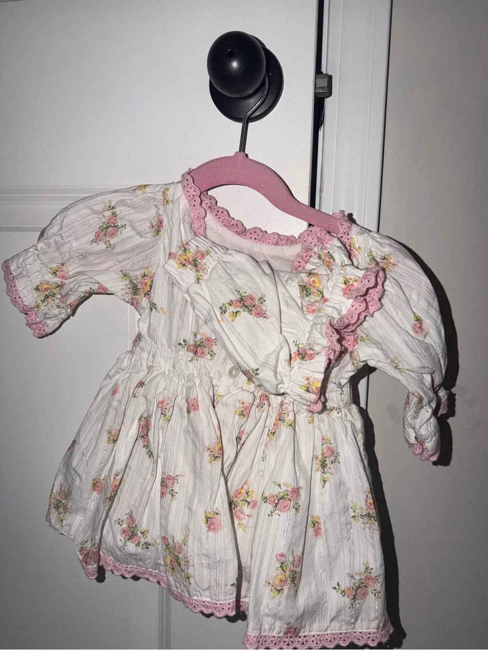 White & Pink Floral Baby Dress Top with Lace Trim